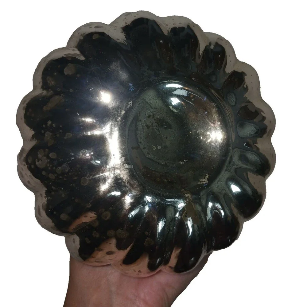 Vintage Rooste Silver Mercury Glass Pumpkin Candlestick Holder Punched Tin 7.75